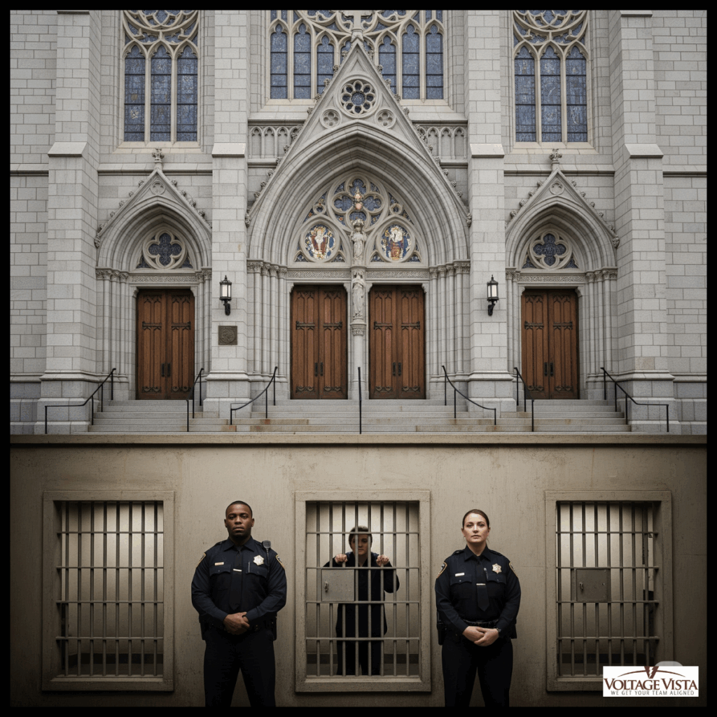 ChurchJail - Gemini A cross-sectional illustration showing a Gothic-style church above ground and a jail directly beneath it. The church features beige stonework, arched wooden doors, and vivid stained glass windows depicting religious figures. A white steeple rises above the building against a backdrop of blue sky and leafy trees. Below a distinct horizontal line representing the ground, the underground jail includes three barred cells built into stone walls. In the center cell, a man grips the bars from the inside with a tense expression. Flanking him are two uniformed correctional officers, one Black and one white, standing symmetrically outside the cell. The image contrasts sacred space with carceral confinement and maintains a realistic, photographic visual style. This image accompanies a blog focused on leadership and structural harm.