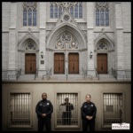 A cross-sectional illustration showing a Gothic-style church above ground and a jail directly beneath it. The church features beige stonework, arched wooden doors, and vivid stained glass windows depicting religious figures. A white steeple rises above the building against a backdrop of blue sky and leafy trees. Below a distinct horizontal line representing the ground, the underground jail includes three barred cells built into stone walls. In the center cell, a man grips the bars from the inside with a tense expression. Flanking him are two uniformed correctional officers, one Black and one white, standing symmetrically outside the cell. The image contrasts sacred space with carceral confinement and maintains a realistic, photographic visual style. This image accompanies a blog focused on leadership and structural harm.