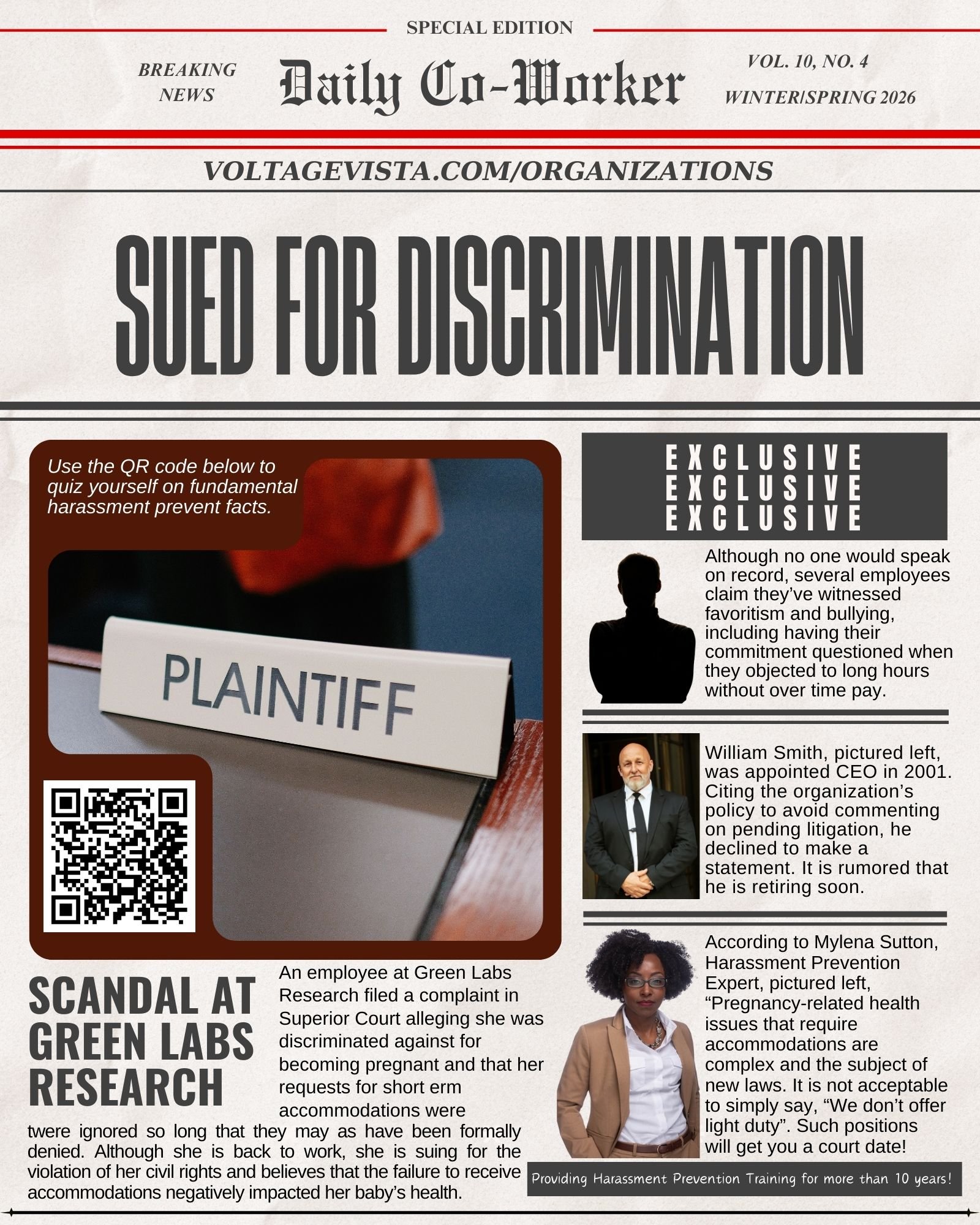 Mock newspaper front page reporting a workplace discrimination lawsuit involving pregnancy accommodations, with commentary on harassment prevention failures and organizational culture risks.