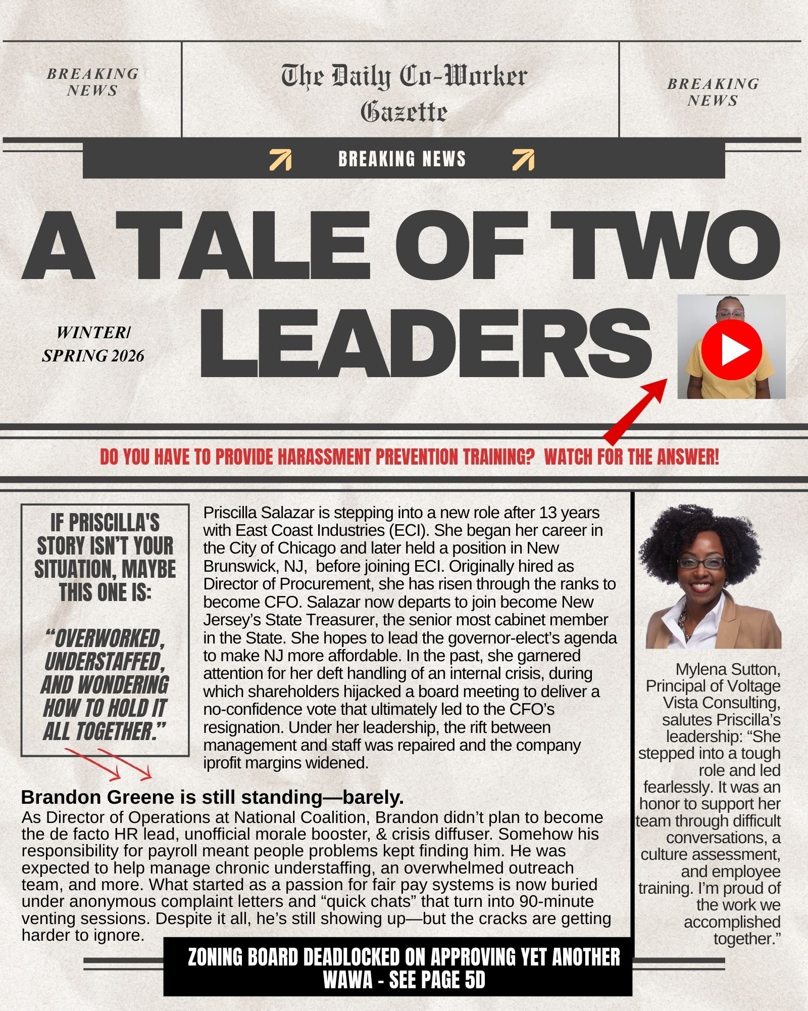 Mock newspaper front page featuring two workplace leadership stories—one highlighting a successful leader navigating organizational conflict, and another showing a leader overwhelmed by unmanaged responsibilities.