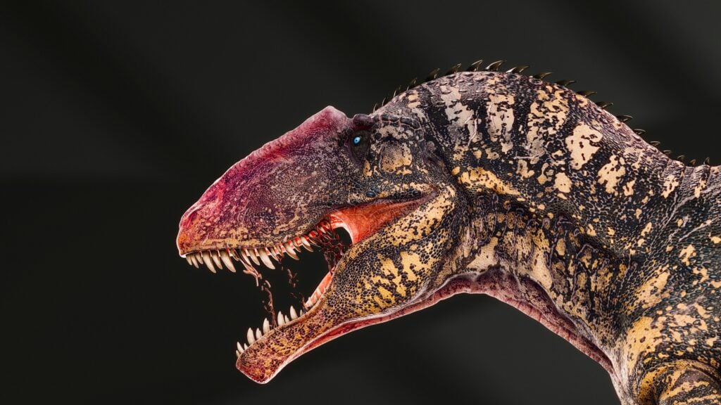 Close-up of a roaring dinosaur with bared teeth, representing how employees are velociraptors scanning for threats.