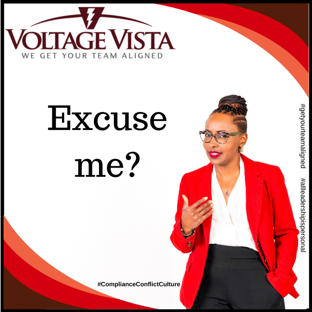 Voltage Vista founder in red blazer asking "Excuse me?" — Learn How to Fight conflict the right way