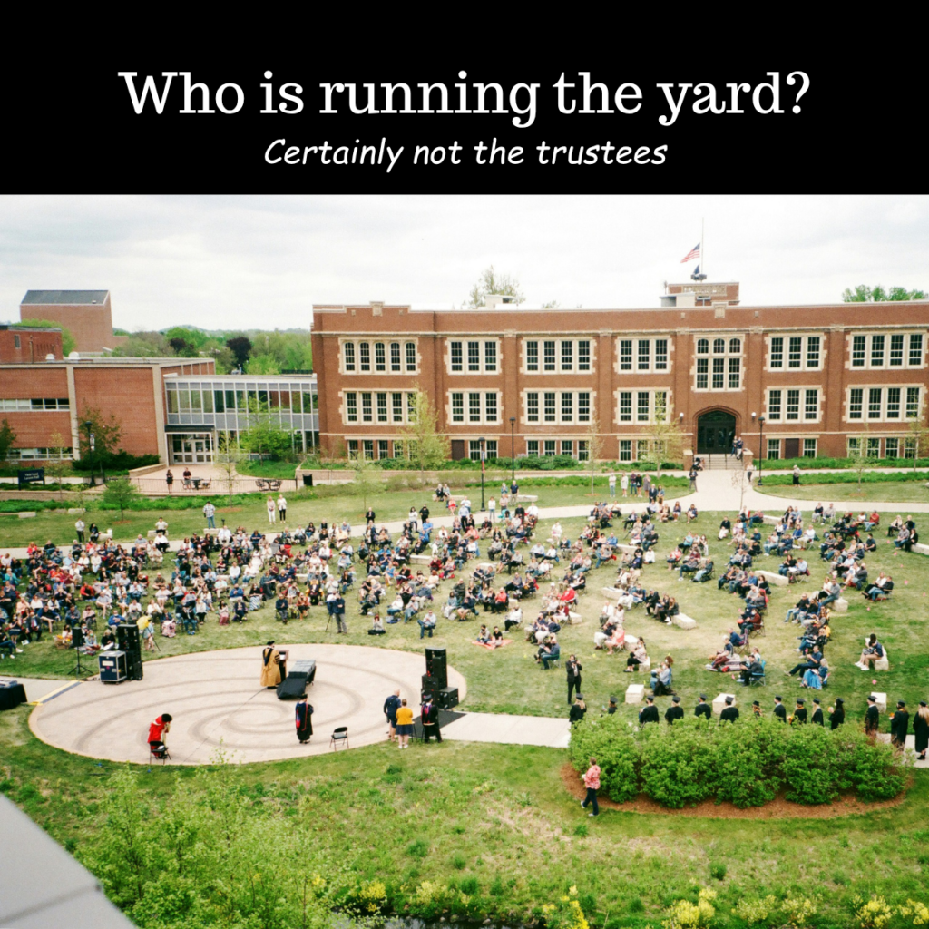 Text overlay reading "Who is running the yard? Certainly not the trustees" above an aerial view of a college campus ceremony, illustrating a lapse in nonprofit board oversight.